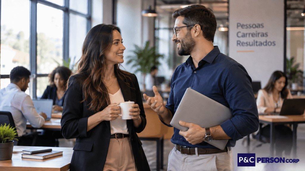 Profissionais construindo networking durante processo de recolocação profissional