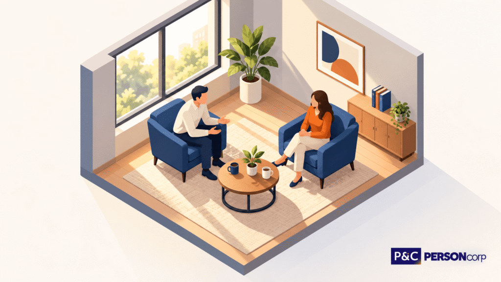 Sessão de counseling profissional representada em ilustração isométrica de sala de conversa
