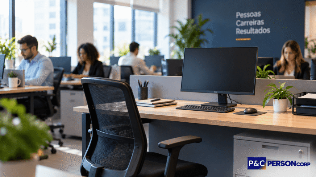 Absenteísmo no trabalho evidenciado por posto de trabalho vazio em escritório corporativo