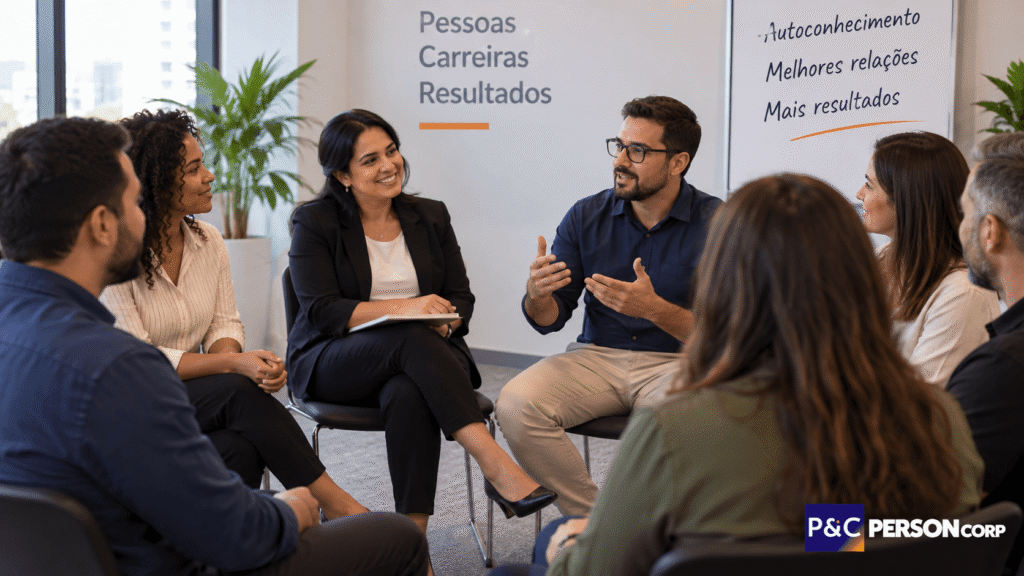 Grupo em treinamento presencial de inteligência emocional no trabalho