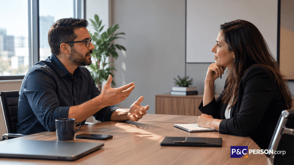 Candidato fazendo seu pitch pessoal durante entrevista de emprego