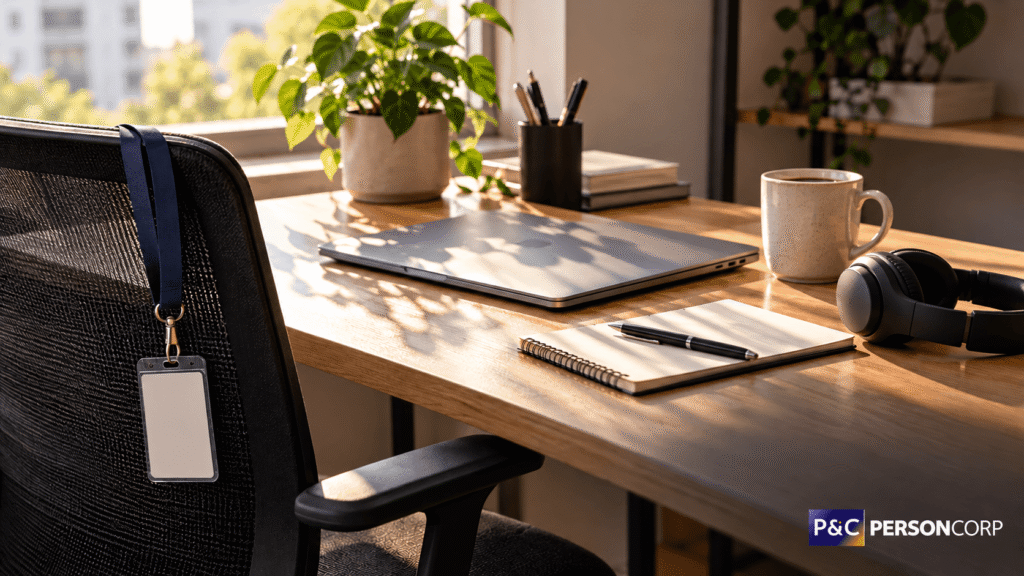 Mesa de trabalho em casa com notebook, crachá e fone, representando o desafio do home office e gestão de pessoas