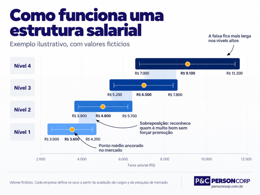 Exemplo ilustrativo de estrutura salarial de um plano de cargos e salários, com quatro níveis, faixas e sobreposição