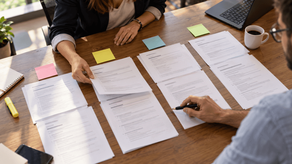Profissionais de RH revisando descrições de cargos impressas para montar um plano de cargos e salários