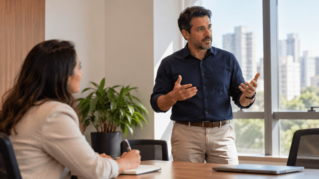 pnl na carreira Profissional ensaia em voz alta a apresentação para uma entrevista de emprego, enquanto uma colega acompanha com anotações